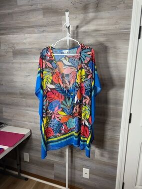 Bleu Rod Beattie Tropical Leaf Print Swim Coverup in Blue, Red, Yellow 2050